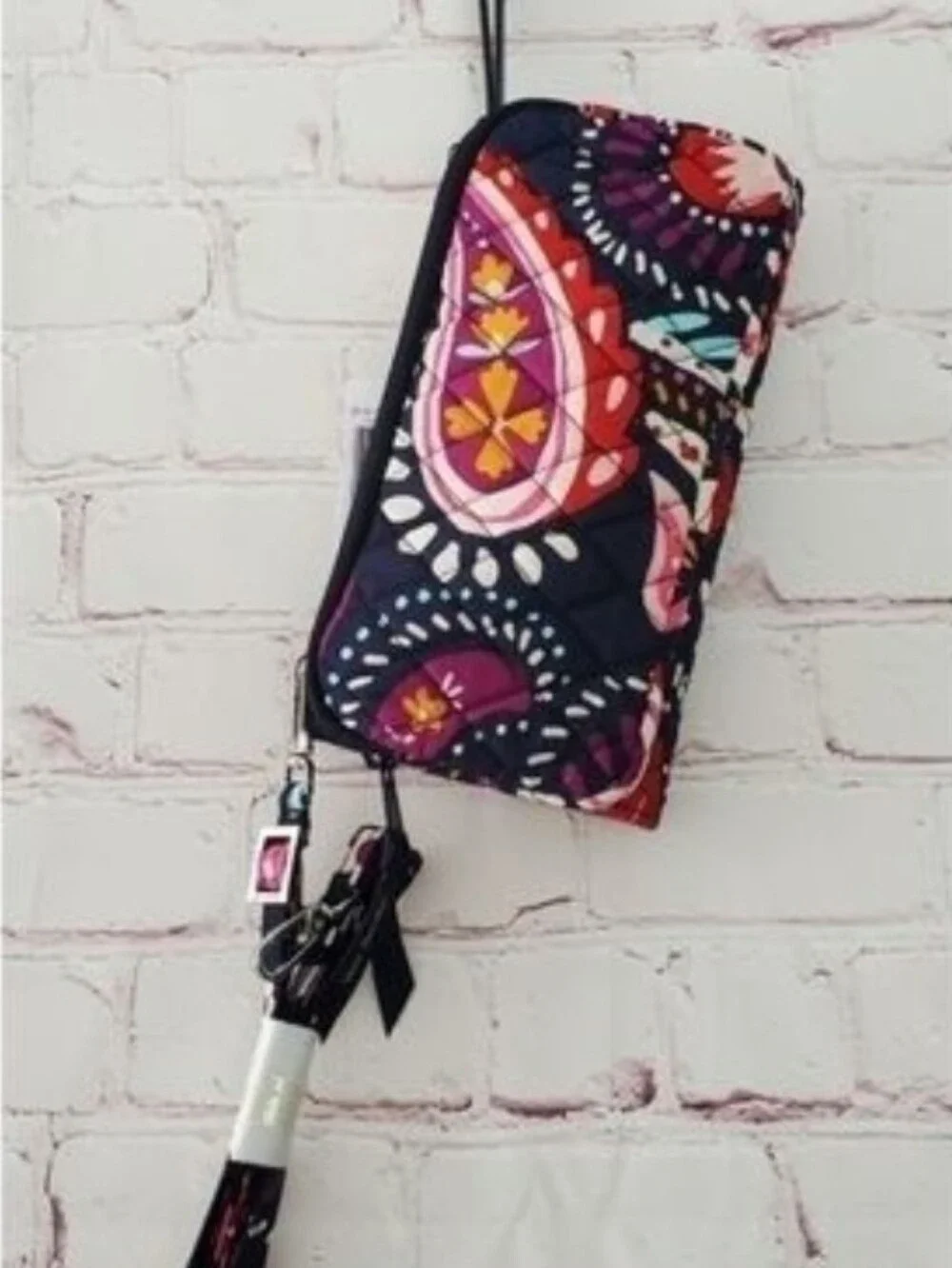 Vera Bradley Navy Wristlet with Pink, Coral & Yellow Floral Paisley